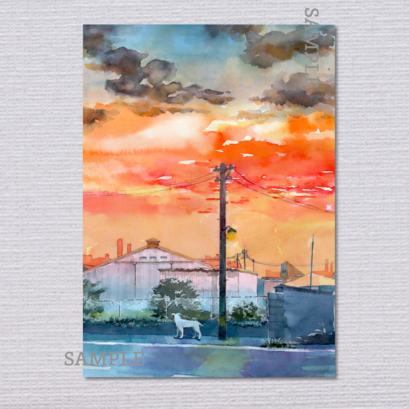 夕焼けの風景画 A4サイズ 透明水彩 アートポスター ノスタルジー