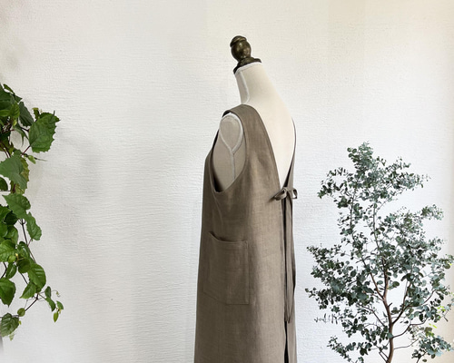 A.Nene✿ノースリーブ・割烹着 /2WAYエプロン/国産リネン/OLIVE