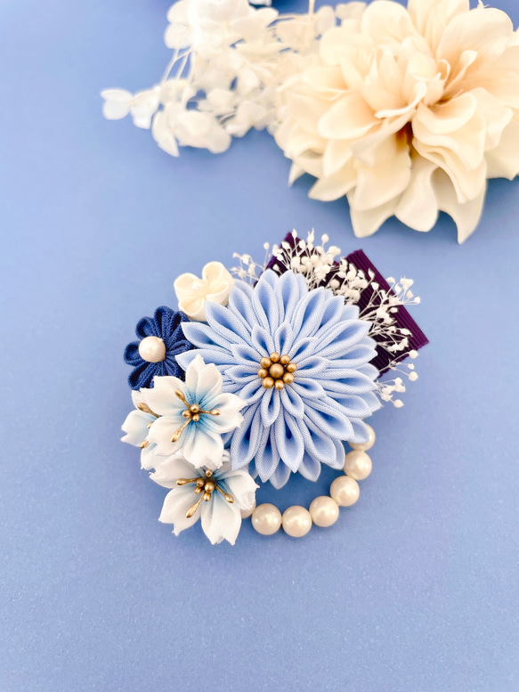 ダリアと桜のコサージュ＊Blueつまみ細工＊ 入学式 卒業式 結婚式 入園