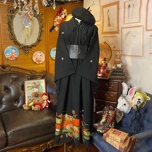 黒留袖 着物 和 モダン ハンドメイド リメイク ワンピース ドレス 黒