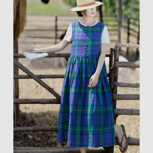 先染めフレンチリネン チェック柄ノースリーブワンピース ポケット付き