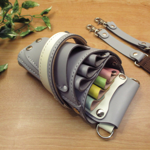 手縫い 本革 7丁差し シザーケース (ライトグレー×カラフル ) SCA-110