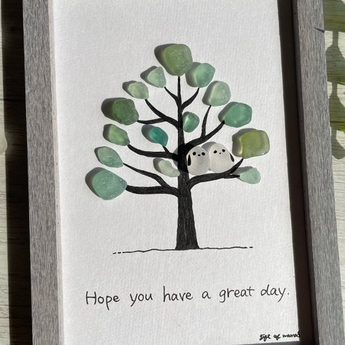 シーグラス シマエナガ ツリー 木に止まる鳥 シーグラスアート