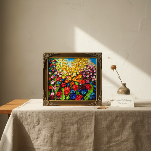 原画】油絵「colorful flower garden」色紙/ 鮮やかな花畑の風景画
