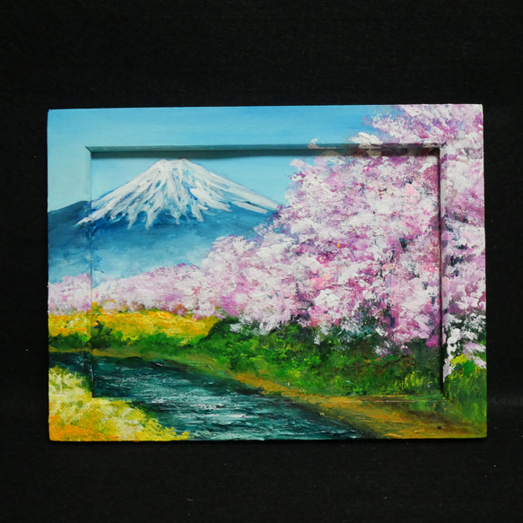 油絵 油彩 油彩画 絵 絵画 ミニ絵画【桜と富士山】 絵画 HR 通販