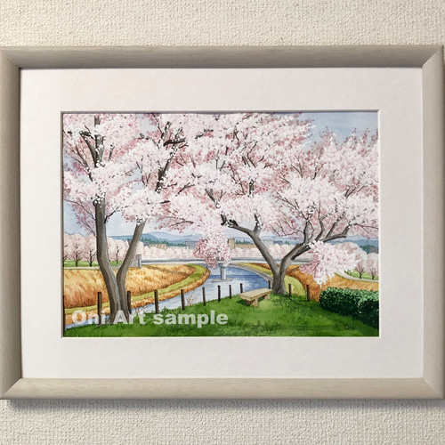 透明水彩画 原画 「雪原の朝焼け02」額縁付 風景画 F4サイズ 透明