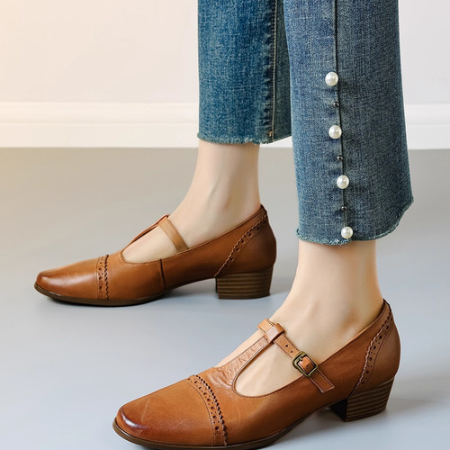 安定感抜群！ストラップパンプス 靴 レディース 本革 レザー パンプス