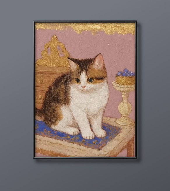 絵画 | イラストポスター 29 ☆ 【テーブルの上のかわいい三毛猫