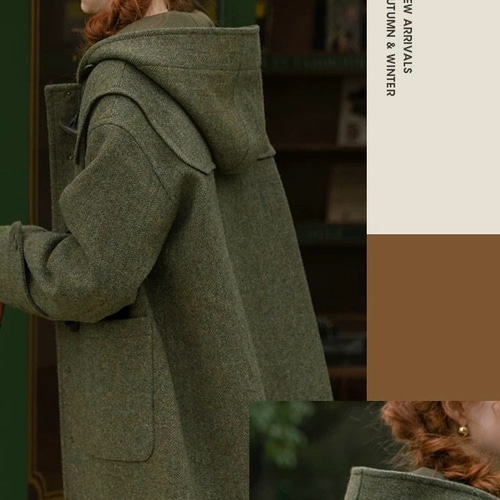 ヘリンボーン柄ウール100% フード付きダッフルコート【冬春秋】カーキ