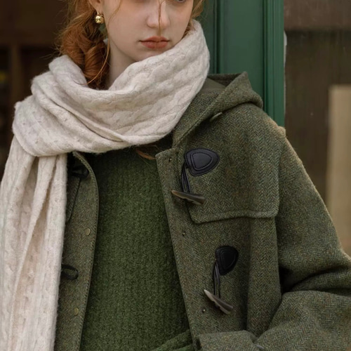 ヘリンボーン柄ウール100% フード付きダッフルコート【冬春秋】カーキ