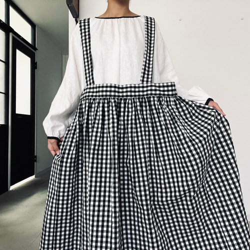 たっぷりギャザーのサスペンダーエプロンワンピース⚮̈ギンガム