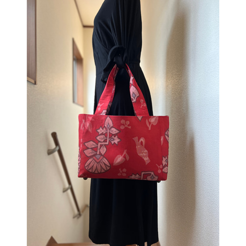 帯リメイク トートバッグ 持ち手バンブーバッグ 一点ものです トート