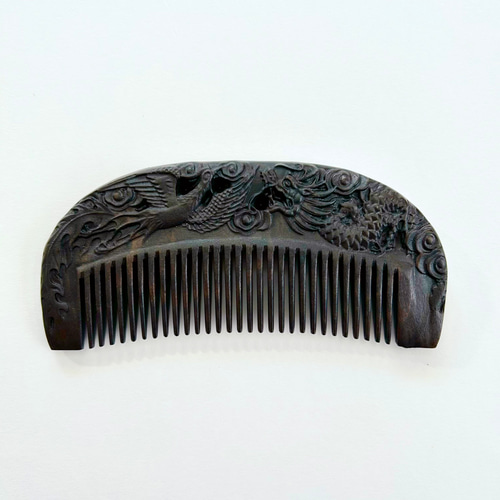 高級黒檀木 くし 木製櫛 両面彫刻 龍と鳳凰【桃太郎】お守り 静電気