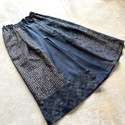 日本/大島紬】アンティーク大島紬のパッチワークガウチョパンツ 青秋名