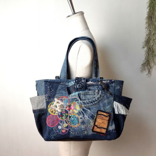 刺繍デニムバック No.574 デニムリメイク ショルダーバッグ 刺繍バック