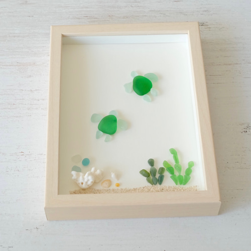 シーグラスアート『2匹のウミガメ』/海/夏/ガラスアート/インテリア