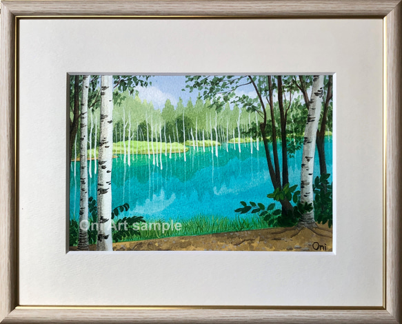 美瑛・青い池03」アクリル画 原画 風景画 額縁付 SMサイズ 絵画 Oni