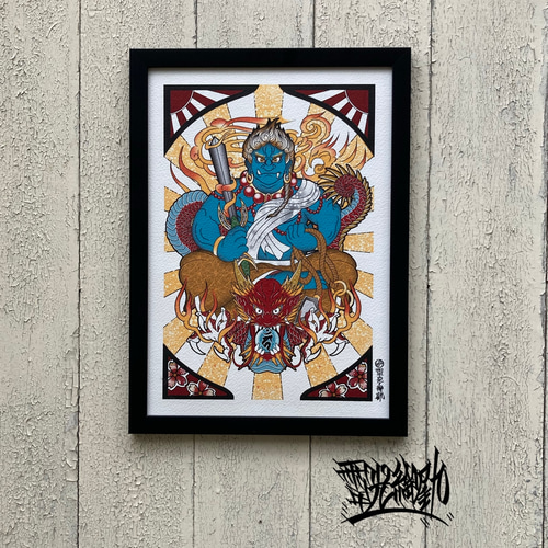 不動明王 騎龍 仏画 和風イラスト A4 フレーム付き｜尾九 イラスト