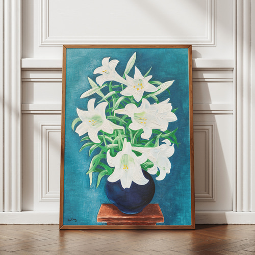 百合の花瓶絵画アートポスター☆青色ボタニカルクラシックアンティーク