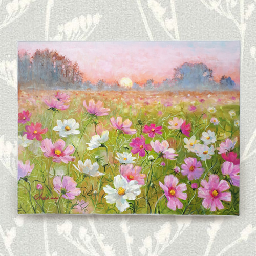 一点物】『 朝焼けのコスモス畑 』油絵 F6号 油彩 油画 インテリア