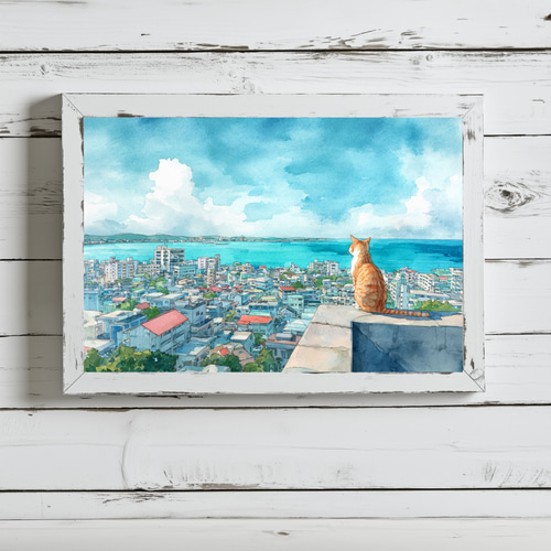 沖縄の街と海を見渡す猫の風景 – 水彩画アート ねこ インテリアアート