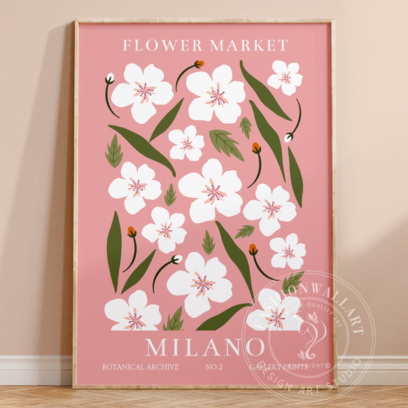 アートポスター フラワーマーケット ミラノ ピンク 白い花 ボタニカル