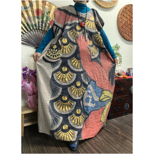 鯉のぼり(木綿)(手書き金太郎柄)の柿渋染めワンピース 古布リメイク