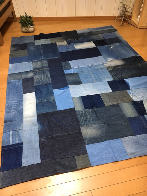 長方形マルチカバー☆200×150☆デニムリメイク アクセントラグ