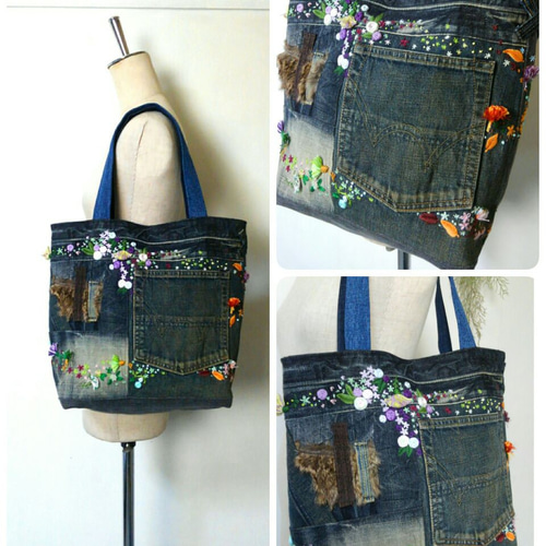 大きめ 花刺繍 デニムバック ～ リメイクバック パッチワークバック