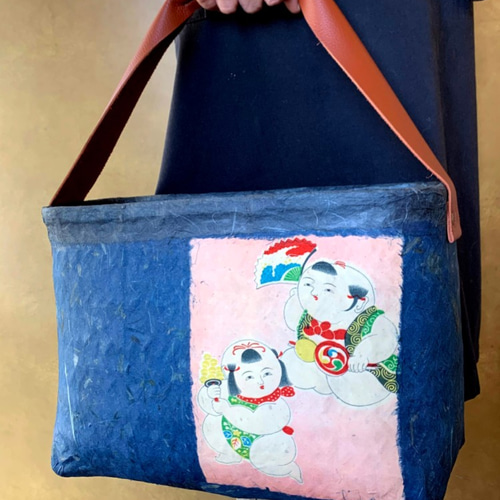 一閑張 かご バック 和モダン 和紙 柿渋 本革取手 一点物 かごバッグ