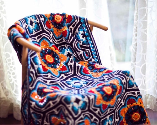 ペルシアンタイル☆マルチカバー ブランケット 手編み 大判 ペルシアン