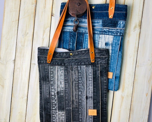 リメイクデニム パッチワーク トートバッグ (M) ヴィンテージデニム