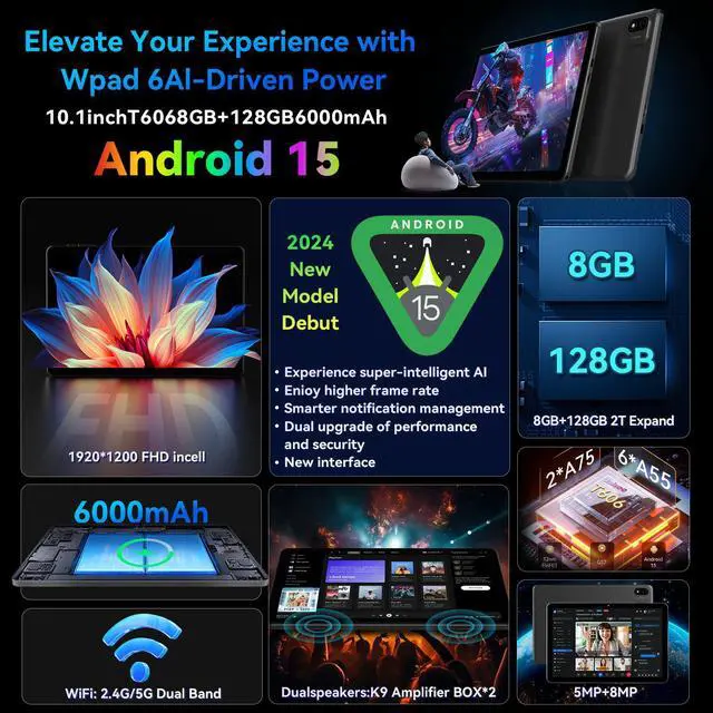 Headwolf Android 15 Tablet 10 Inch Tablets, WPad6 Octa Core FHD