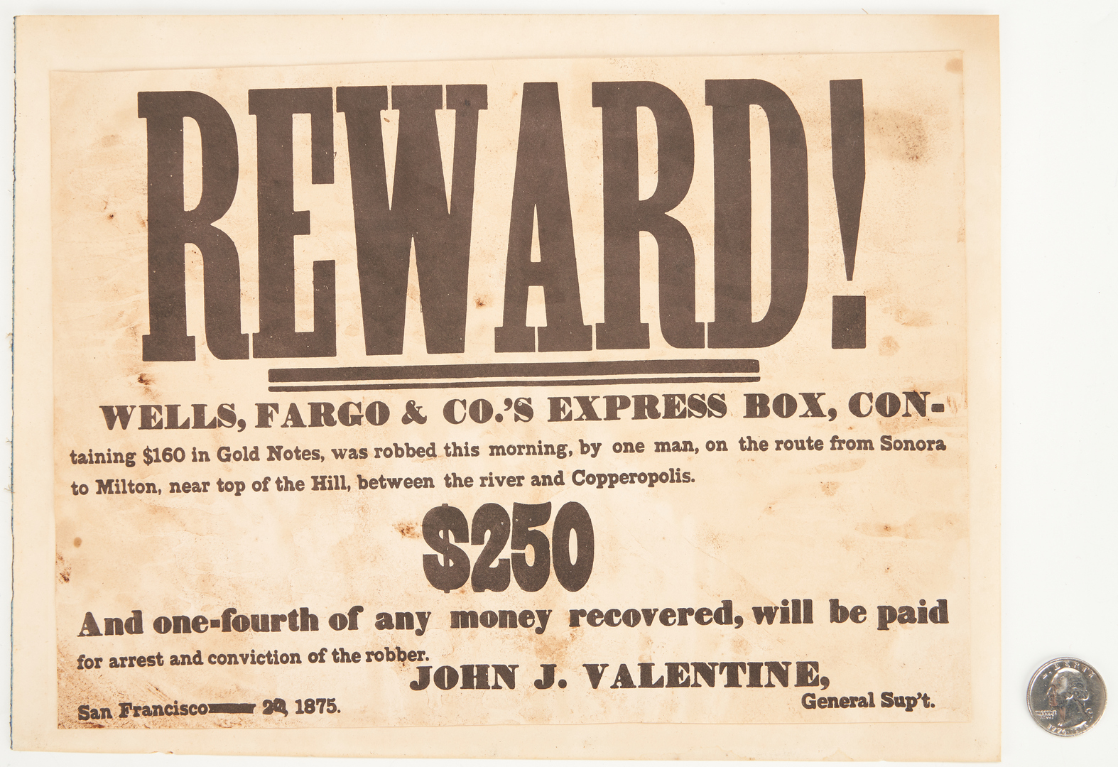 Lot 637: Wells Fargo & Co. $250 Reward Broadside, 1875 | Case Auctions