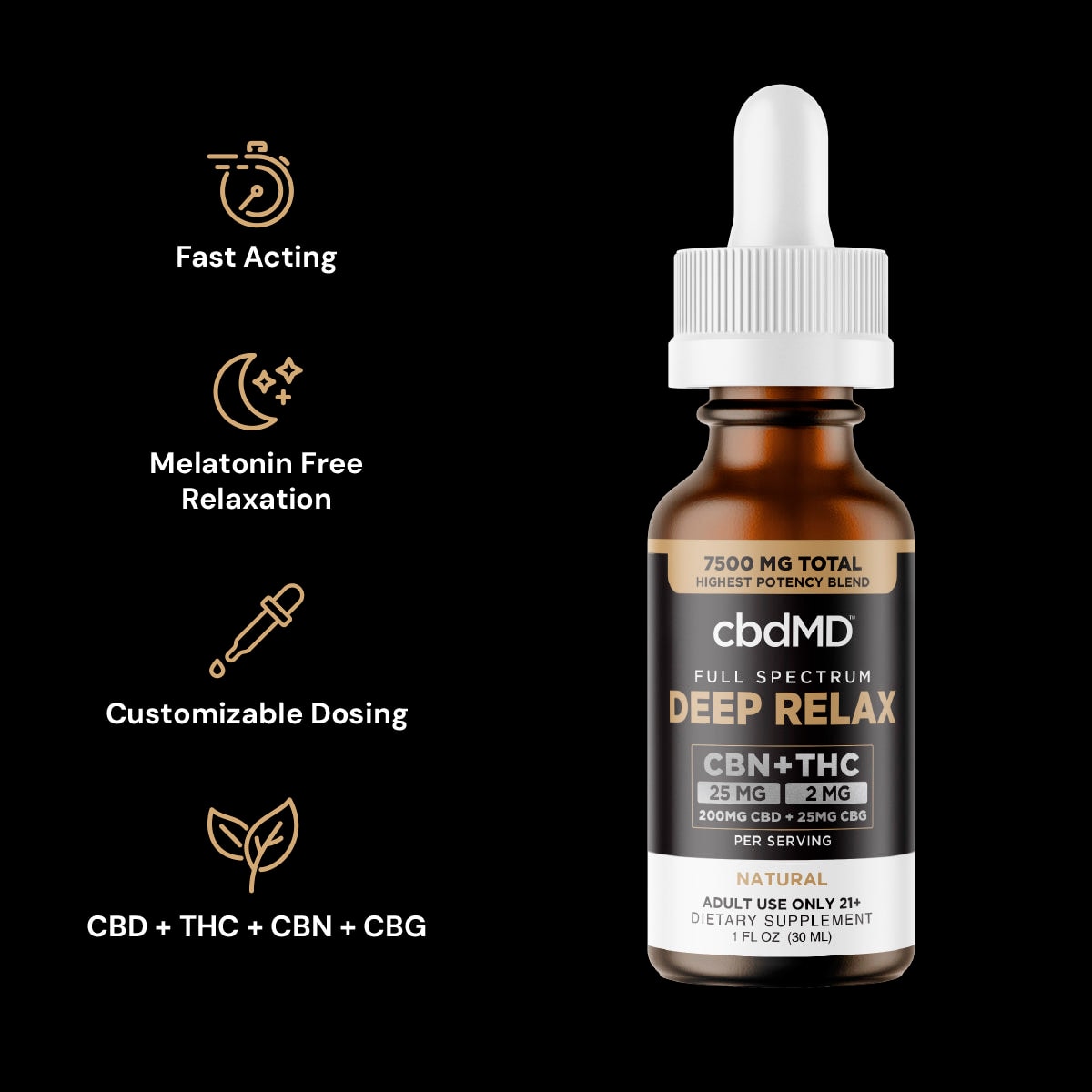 cbdMD, Deep Relax THC + CBN + CBG + CBD Tincture, Full Spectrum