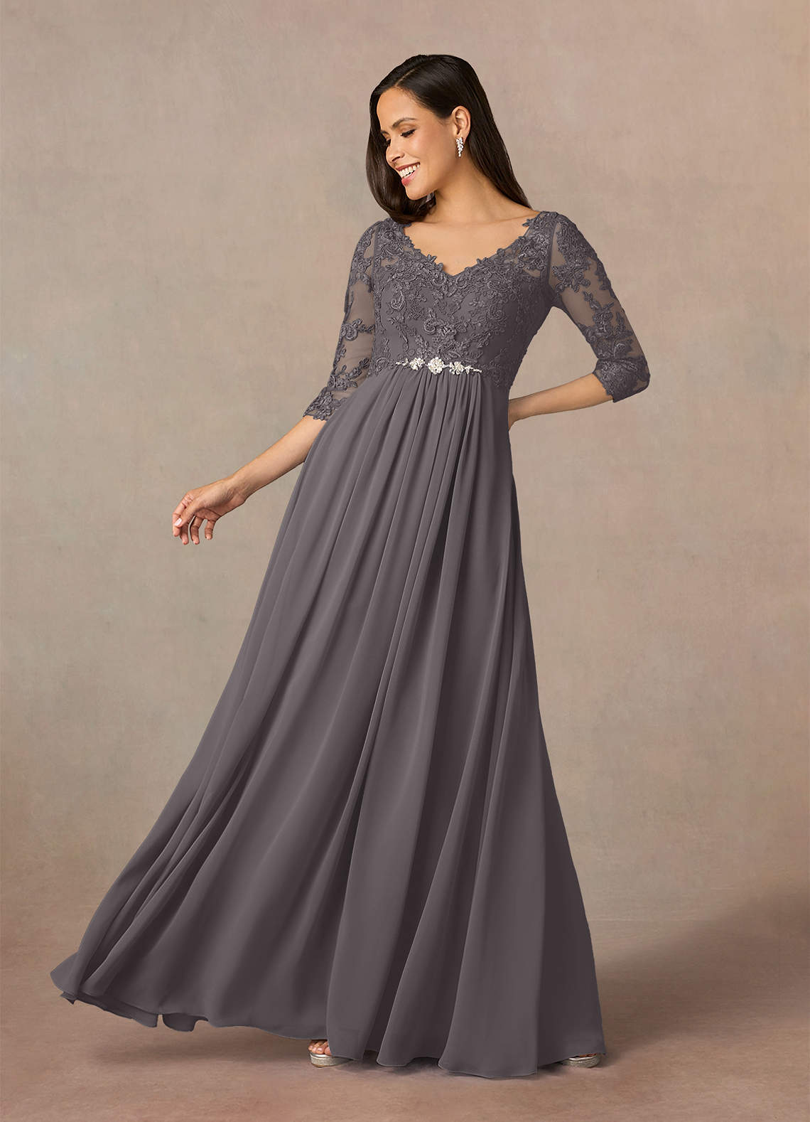 Azazie Hayek Steel Grey A-Line V-Neck Lace Chiffon Dress | Azazie