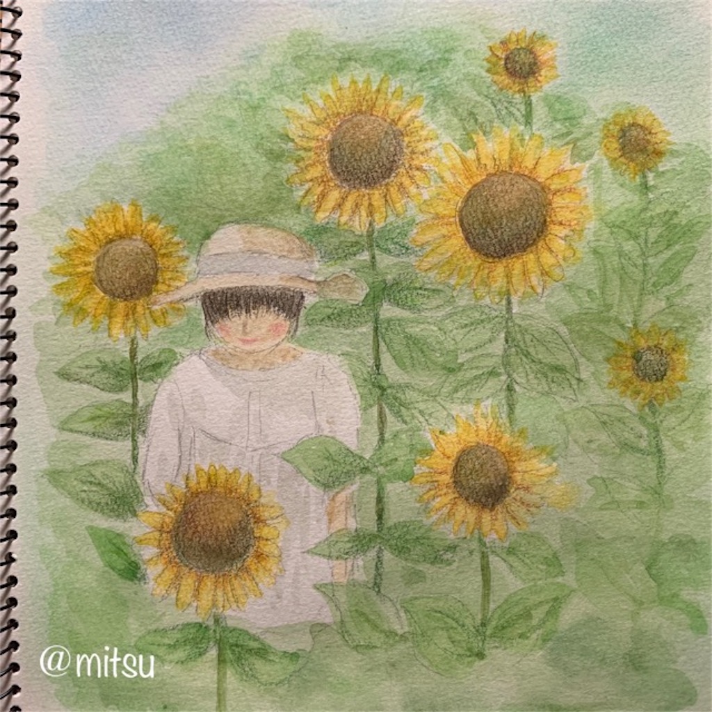 夏の思い出【ひまわり畑の娘】スケッチブックで大人の絵日記 - てがきーの