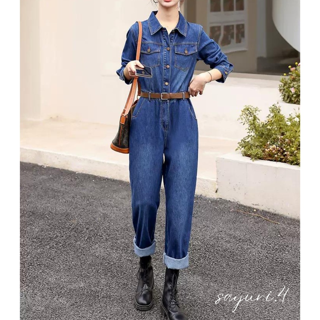 デニム ジャンプスーツ オールインワン つなぎ (オールインワン