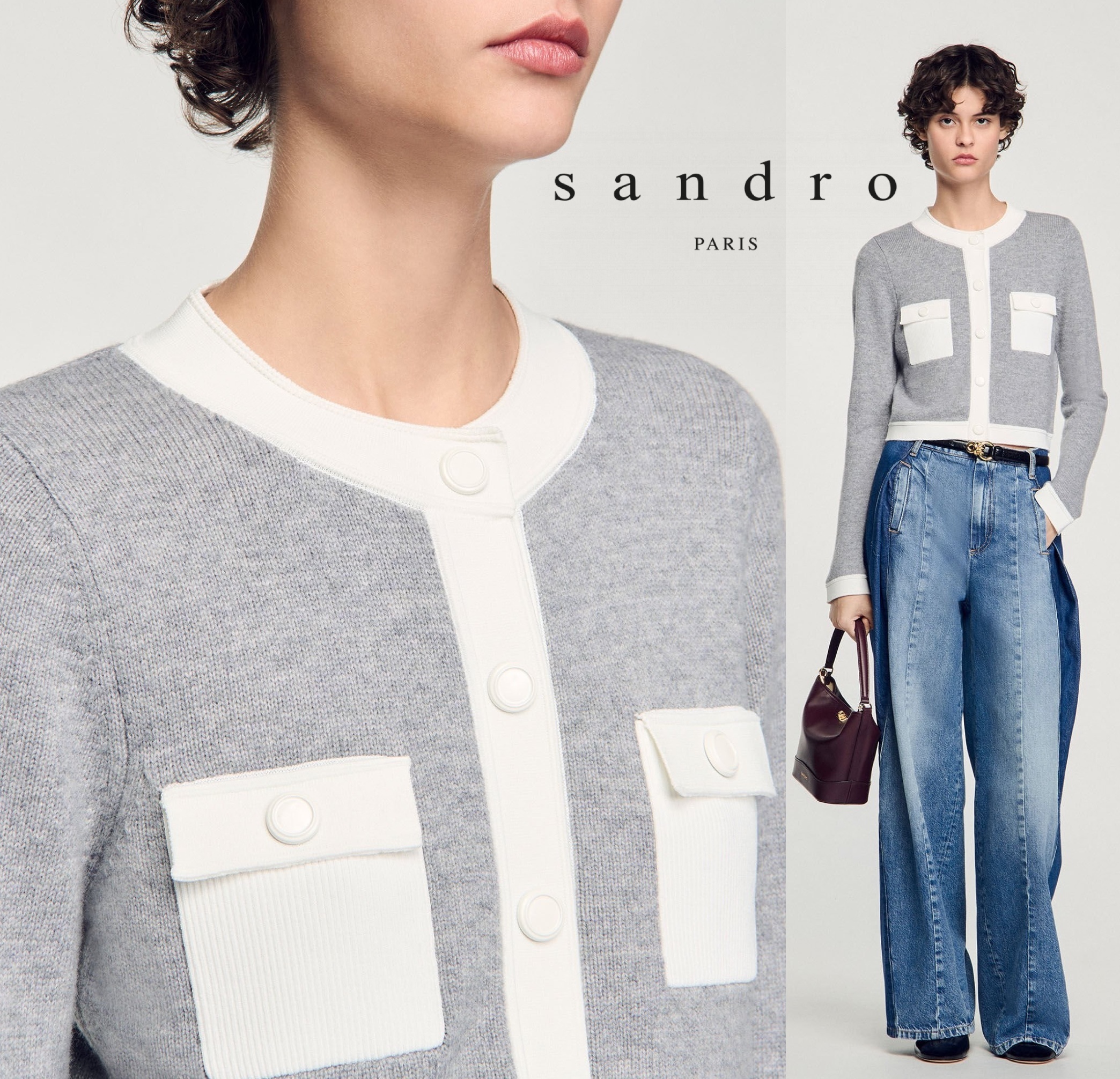 ☆パリ発 sandro☆バイカラー ウール ニットカーディガン グレー