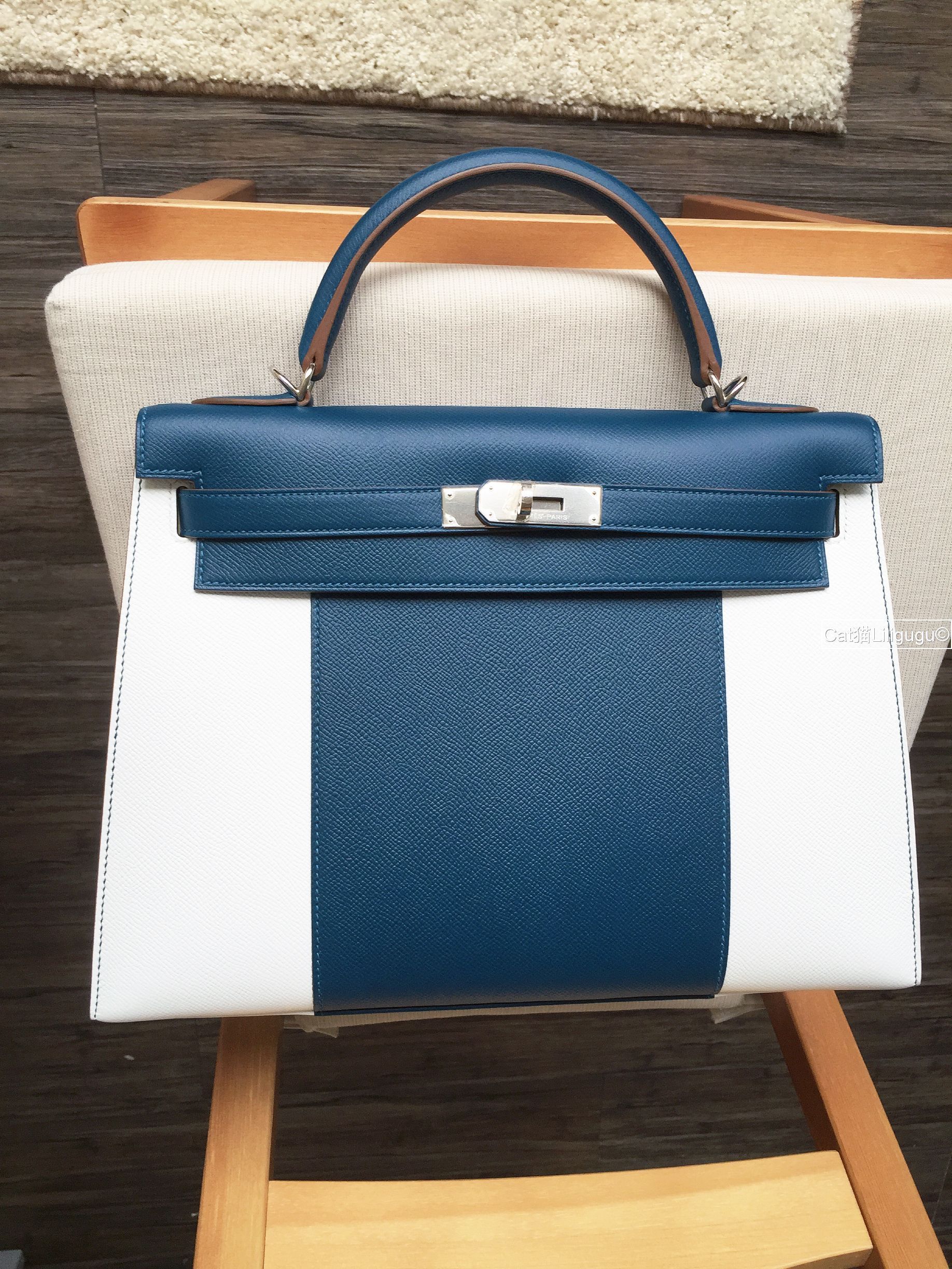 エルメス)☆ケリーフラッグ32外縫い☆ブルータラサ/ホワイト (HERMES