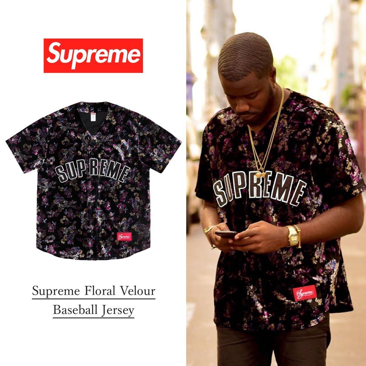 FW19 Week1 Supreme Floral Velour Baseball Jersey フローラル