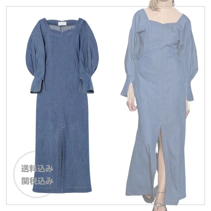 マメクロゴウチ】花柄刺繍 スクエアネック デニム ドレス (Mame