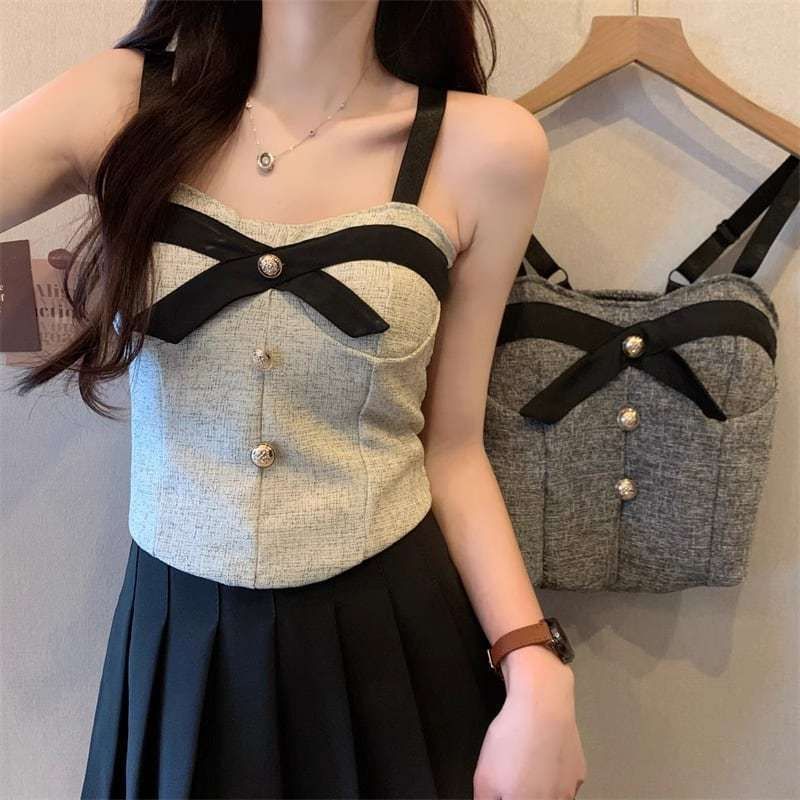韓国 ノースリーブ キャミ トップス クロップド リボンデザイン