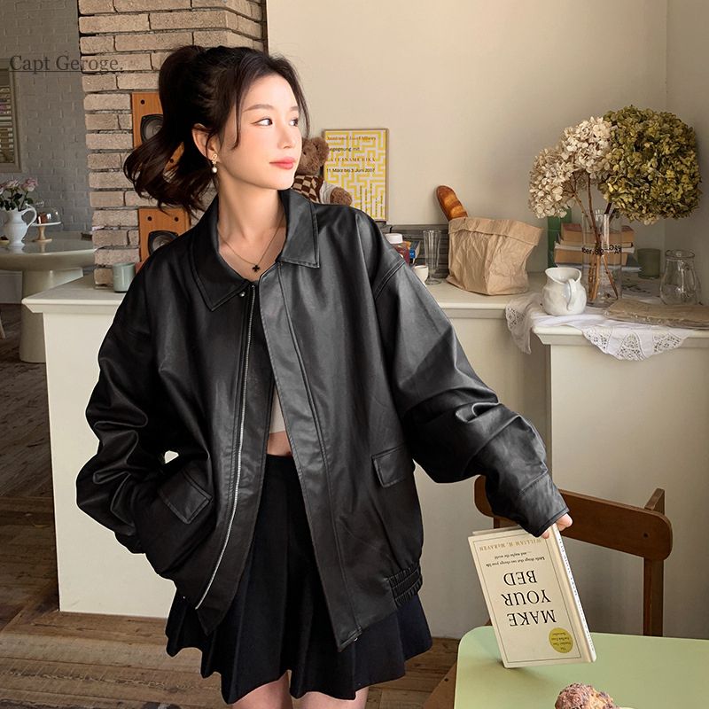 フェイクレザー ジャケット マット オーバーサイズ アウター (レザー