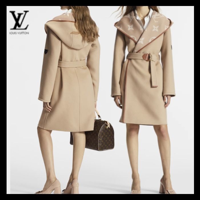 Louis Vuitton《フーデッドラップコート》キャメル ウール 直営 (Louis