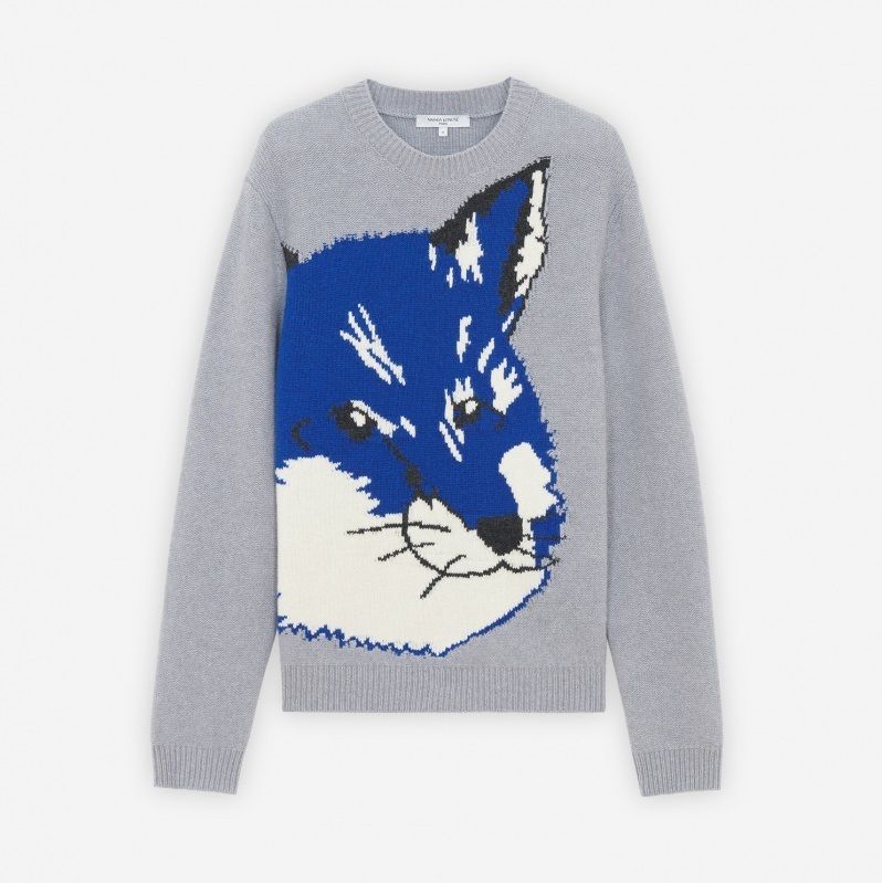 即配☆MAISON KITSUNE BIG FOX HEAD JACQUARD PULLOVER グレー (MAISON
