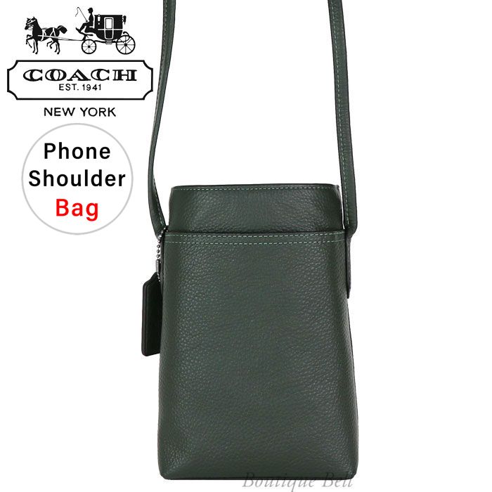 国内即発！コーチ レザースマホショルダーバッグ ダークグリーン