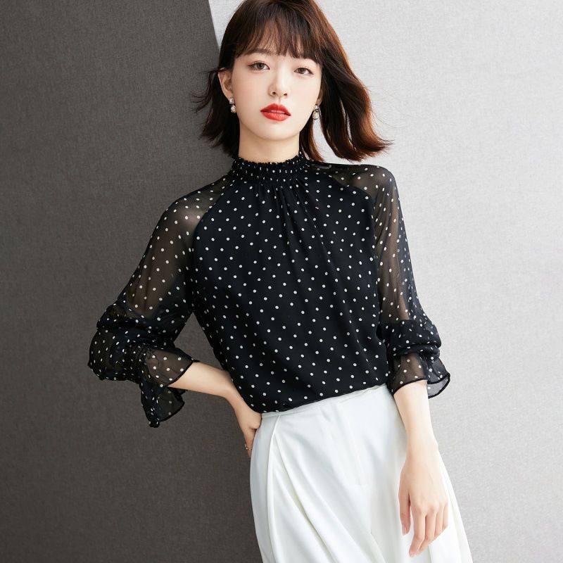 ブラウス 長袖 フリル袖 ドット 水玉 シースルー 清楚 上品 韓国
