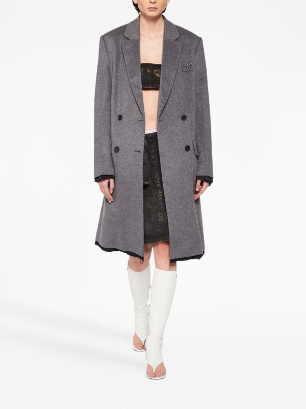 Miu Miu logo-embroidered double-breasted Coat | Grey | FARFETCH