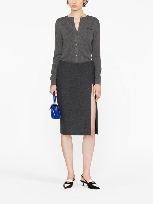 Miu Miu logo-intarsia fine-knit Cardigan | Grey | FARFETCH